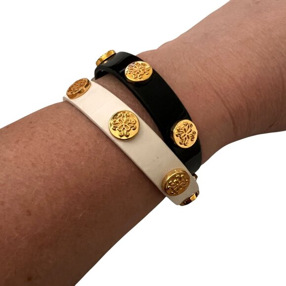 Rustic Cuff Meagan Genuine Leather Gold Studded Black White Wrap Bracelet - Picture 11 of 12